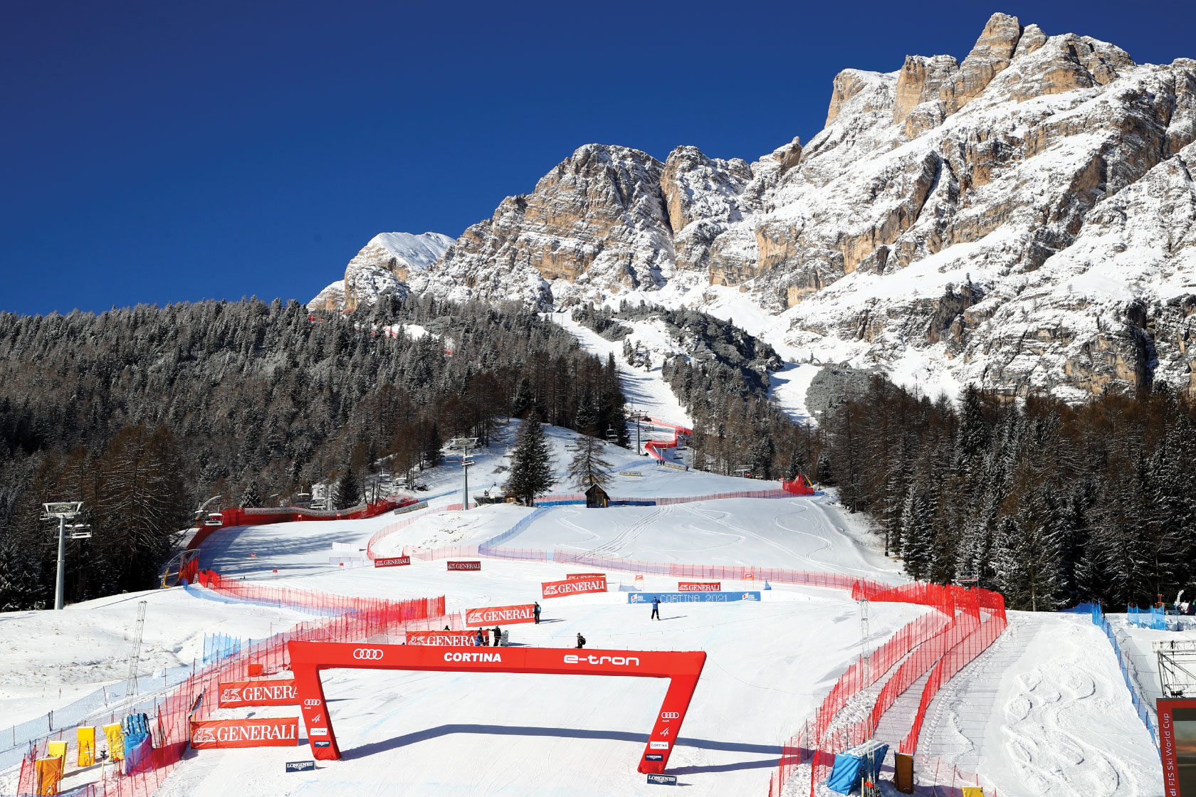 A full set up of LISKI Safety nets and pads at the AUDI FIS World Cup in Cortina, Italy.