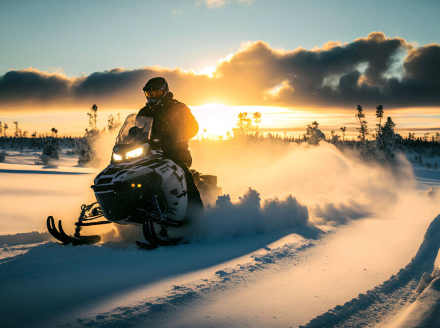 Riding snowmobile with sunset in background