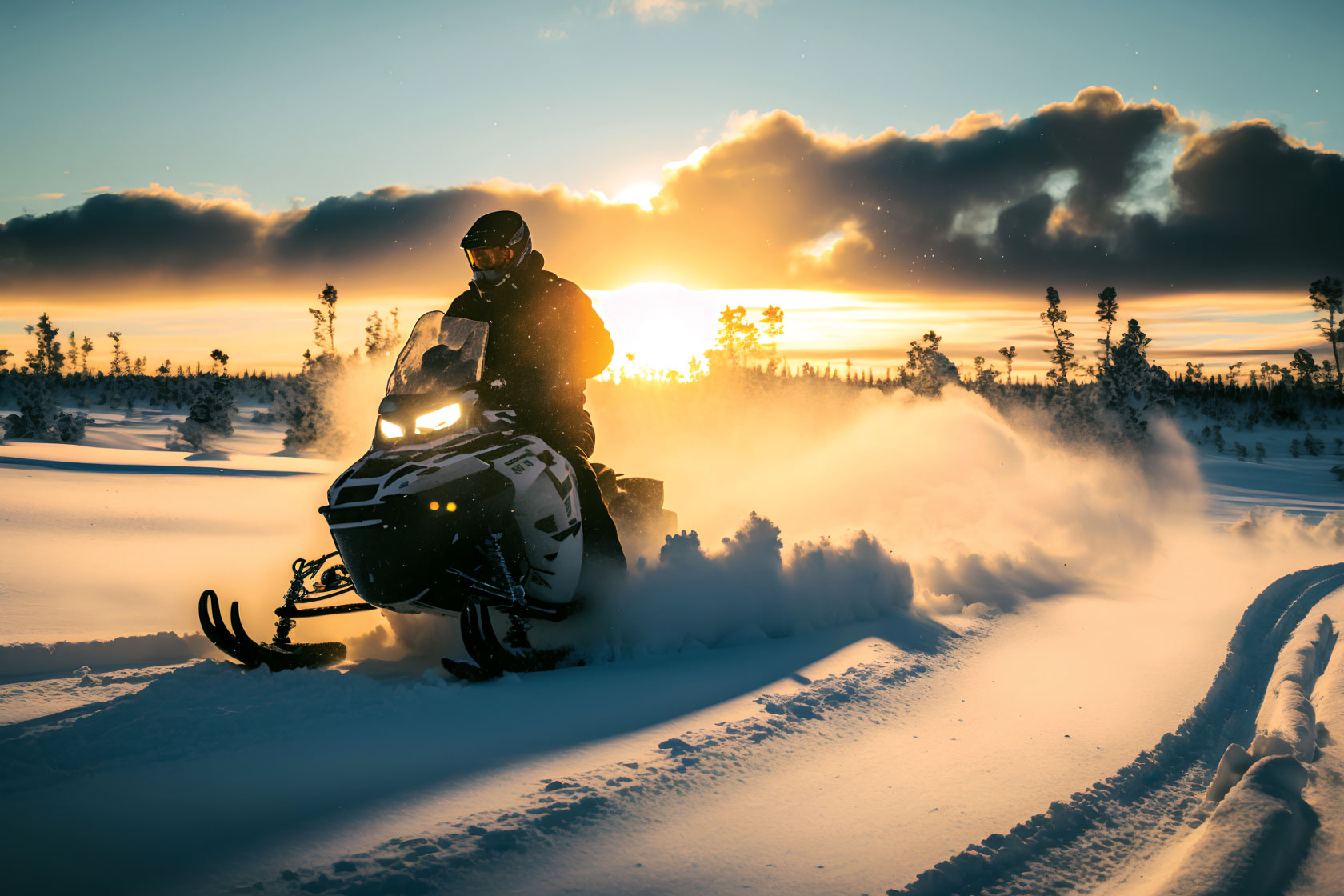 Riding snowmobile with sunset in background