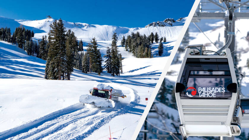 Split photo of snow grooming machine on left, and gondola lift on right