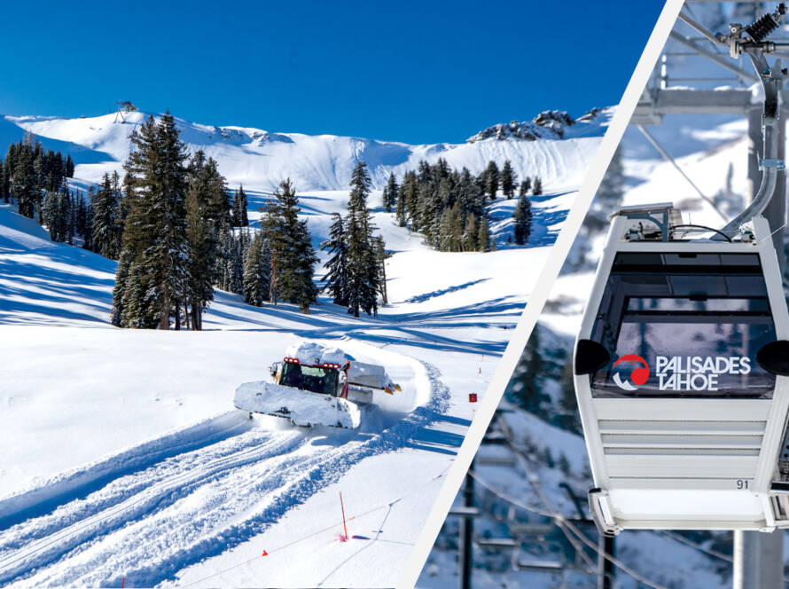 Split photo of snow grooming machine on left, and gondola lift on right