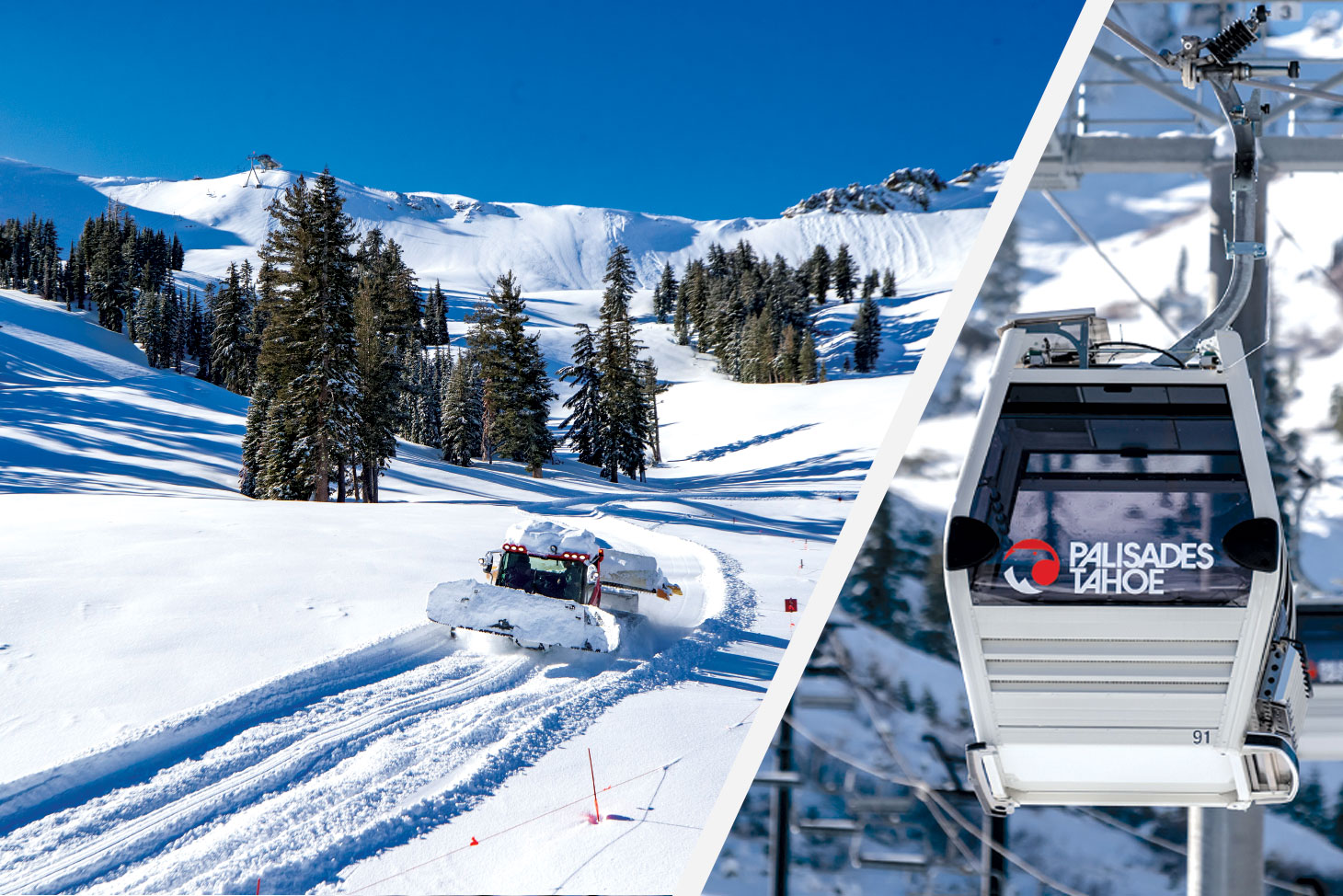 Split photo of snow grooming machine on left, and gondola lift on right