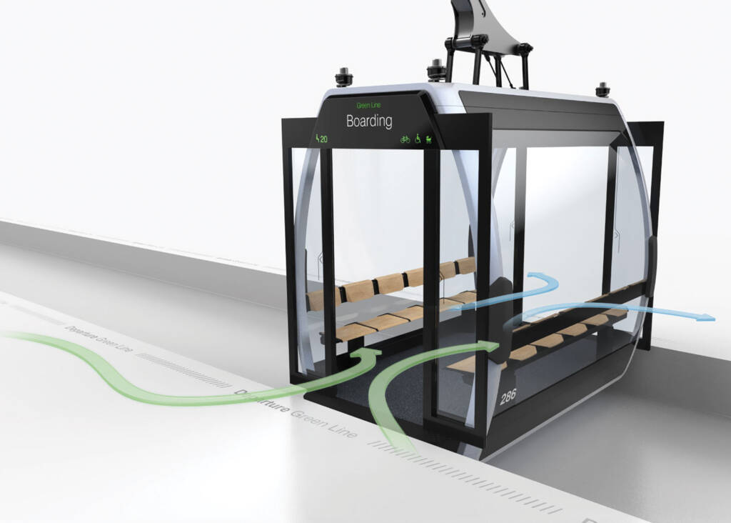 Rendering of cabin displaying boarding and departure graphics