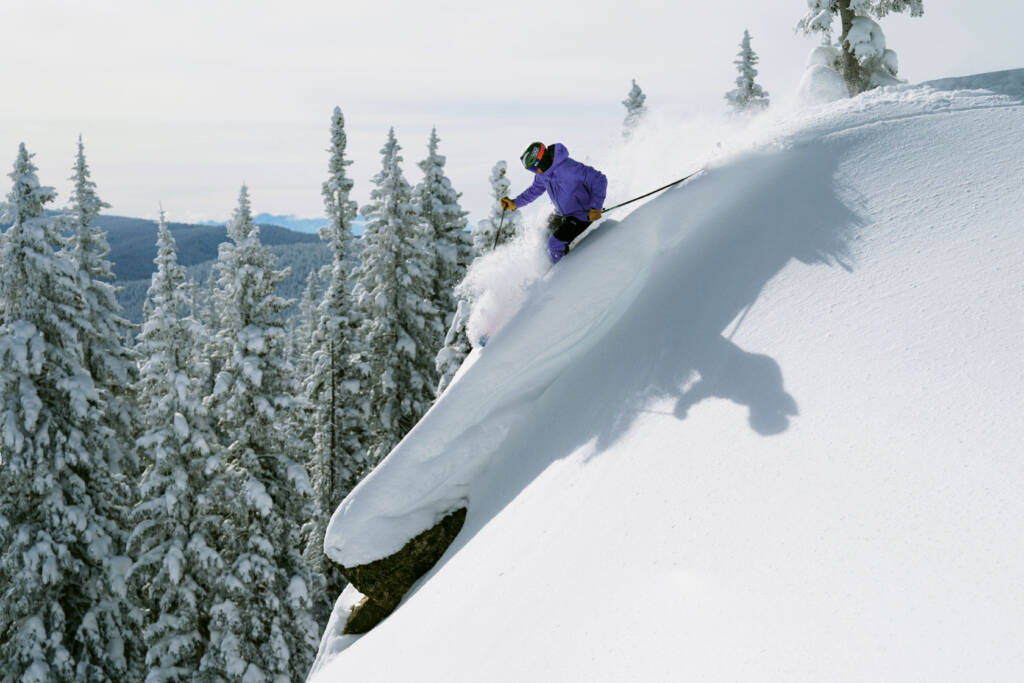 Skier freestyle skiing on mountain.