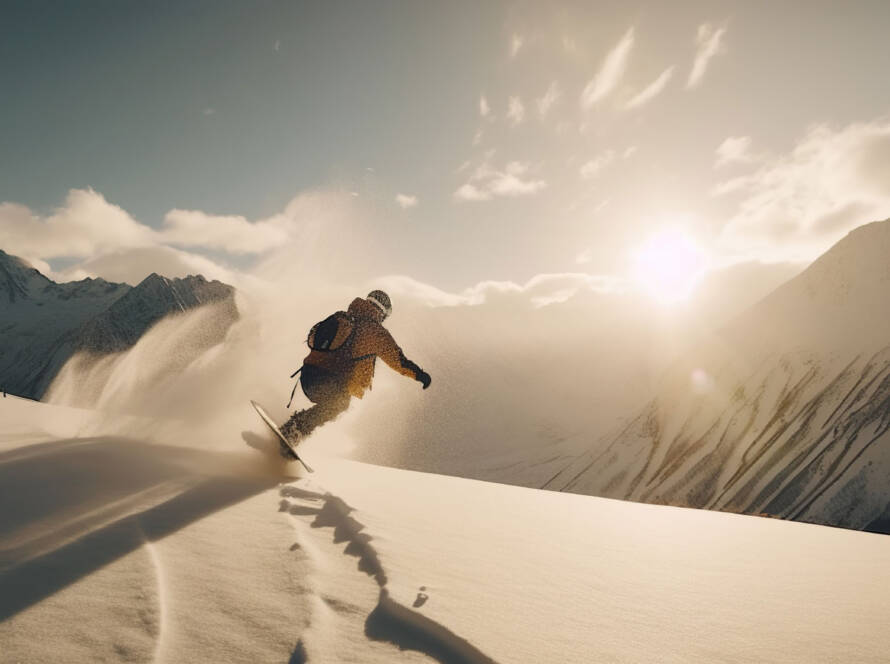 Snowboarder facing sunset on mountain