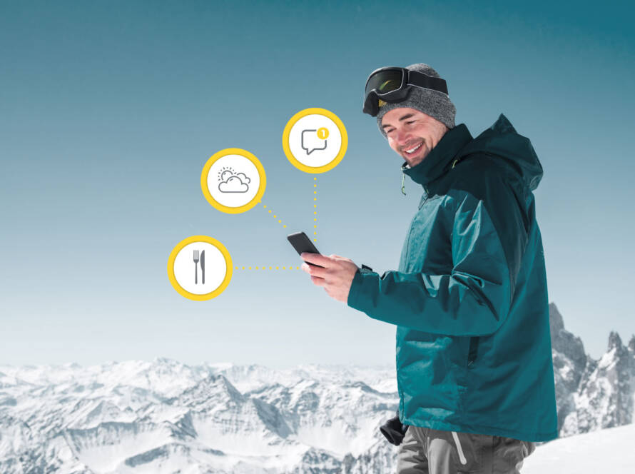 Skier using app on mountain