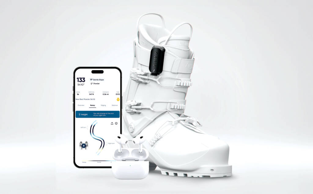 White ski boot with Carv device attached and iPhone and Airpods in superimposed alongside