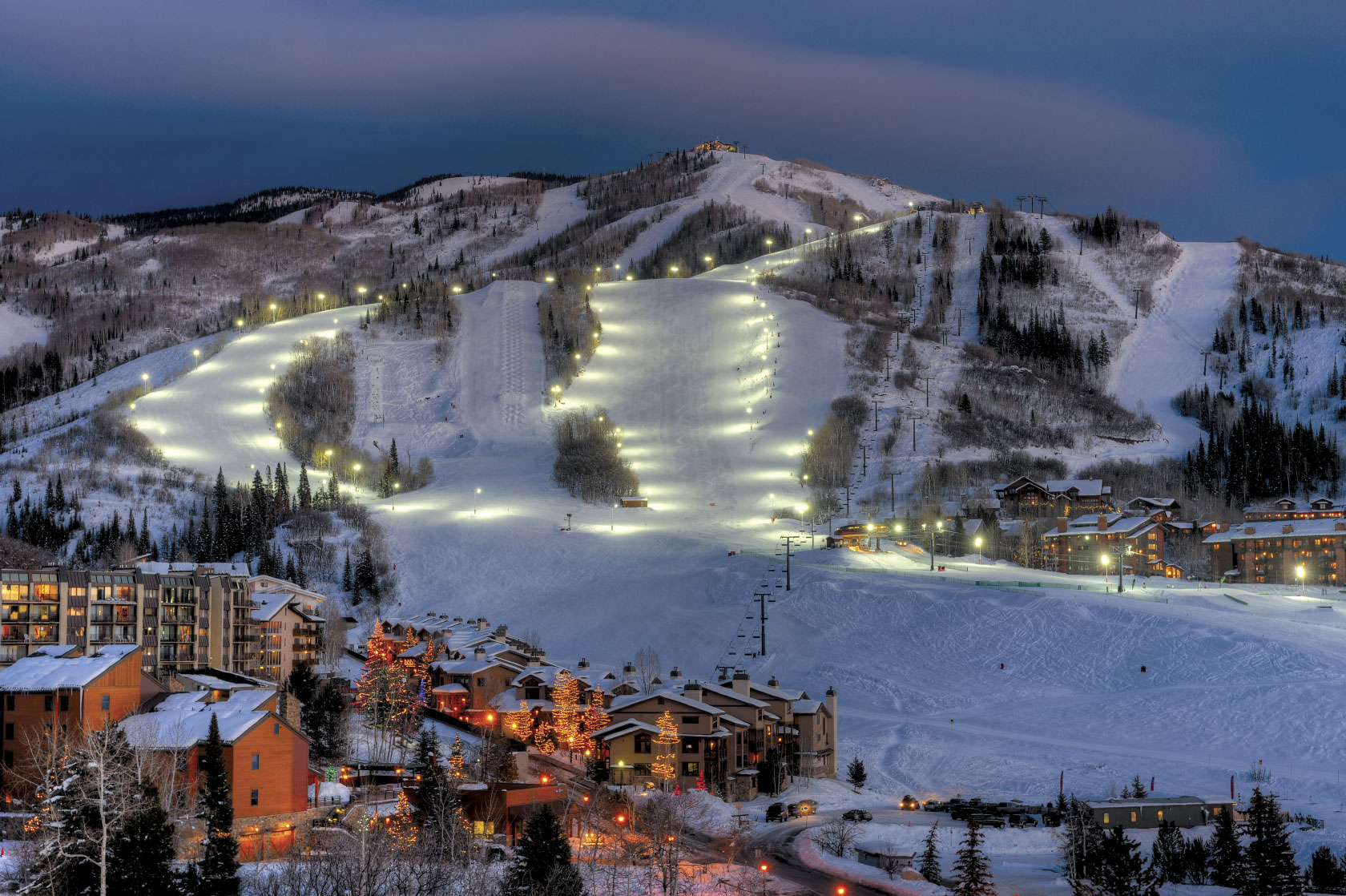 Aerial nighttime view of Steamboat Springs Ski Resort