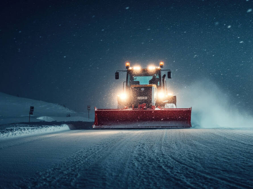 A snow plow works tirelessly to clear a snowy road at night