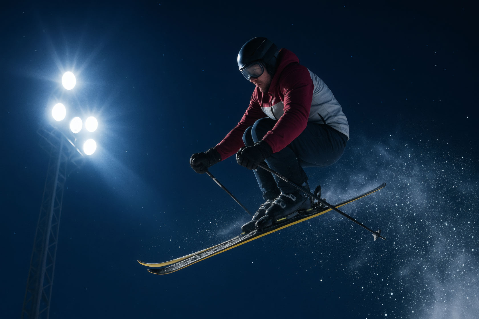Skiier midair against night sky