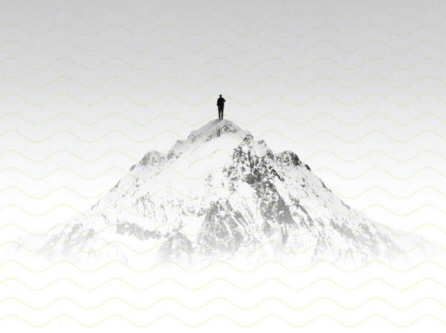 Digital composition of solitary person on snowy mountain summit