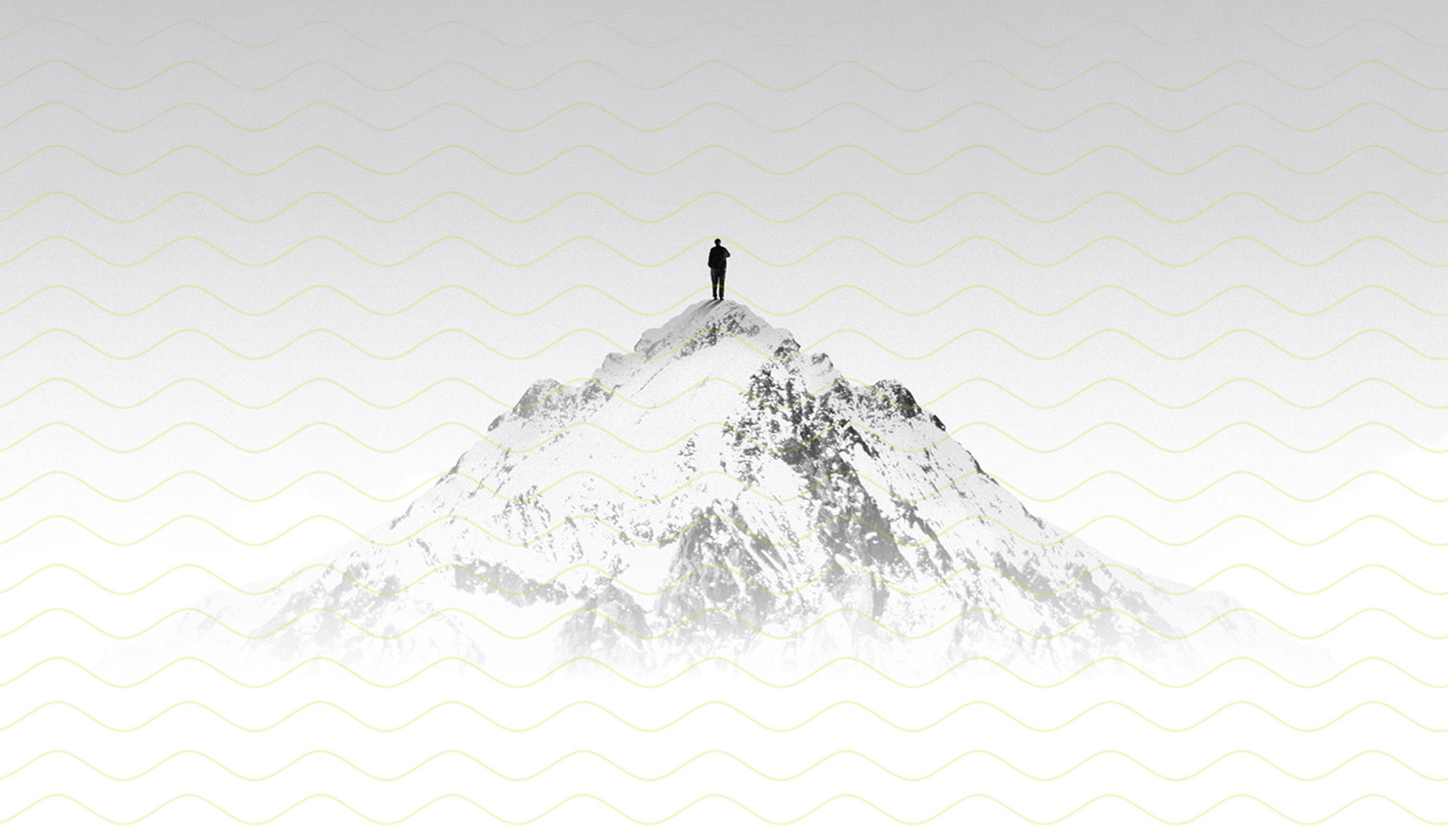 Digital composition of solitary person on snowy mountain summit