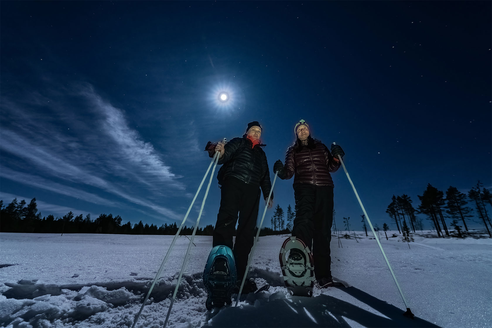 Couple in snowshoes at night under full moon
