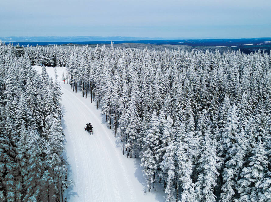 Aerial view of snowmobiler on trail