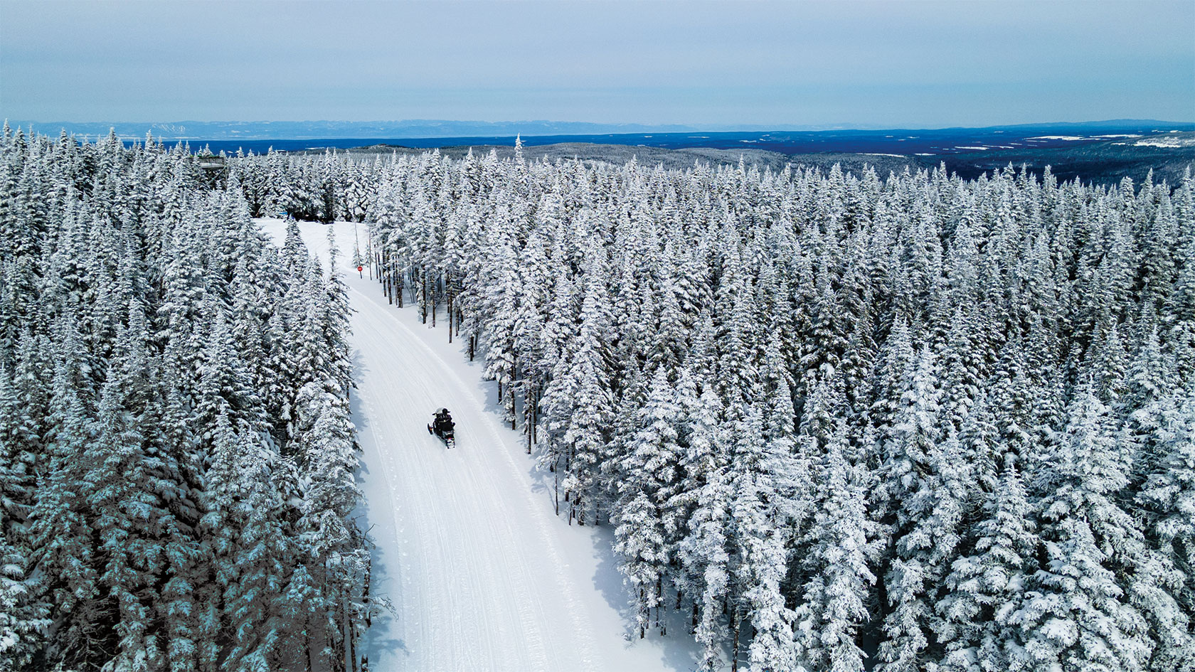 Aerial view of snowmobiler on trail